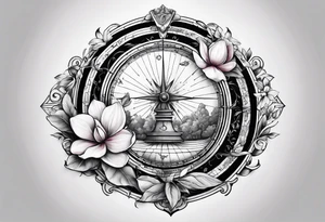 sundial with magnolia flowers tattoo idea