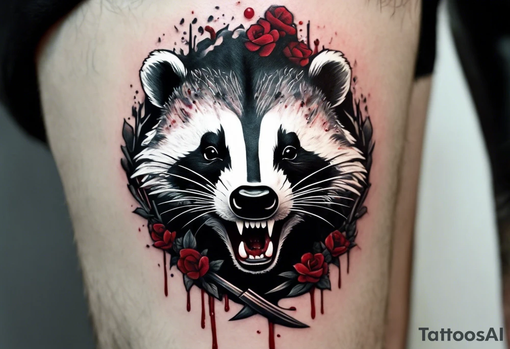Draw me psychopath Badger/Warrior with aggressive full body, killer face with a scary smile, very long nails and he attacks like a Bloody Assassin to us and also, he has very deadly looking. He fights with his nails. Everybody scares after their first sight. Give me horror type Badger Tattoo. I want to see his Realistic full body. tattoo idea