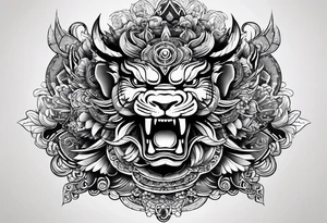 Egy hegyen lévő japán pakú alatt ál egy Oni démon tattoo idea