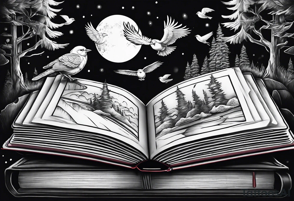Northern lights with Pennywise and birds and books tattoo idea