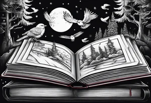 Northern lights with Pennywise and birds and books tattoo idea