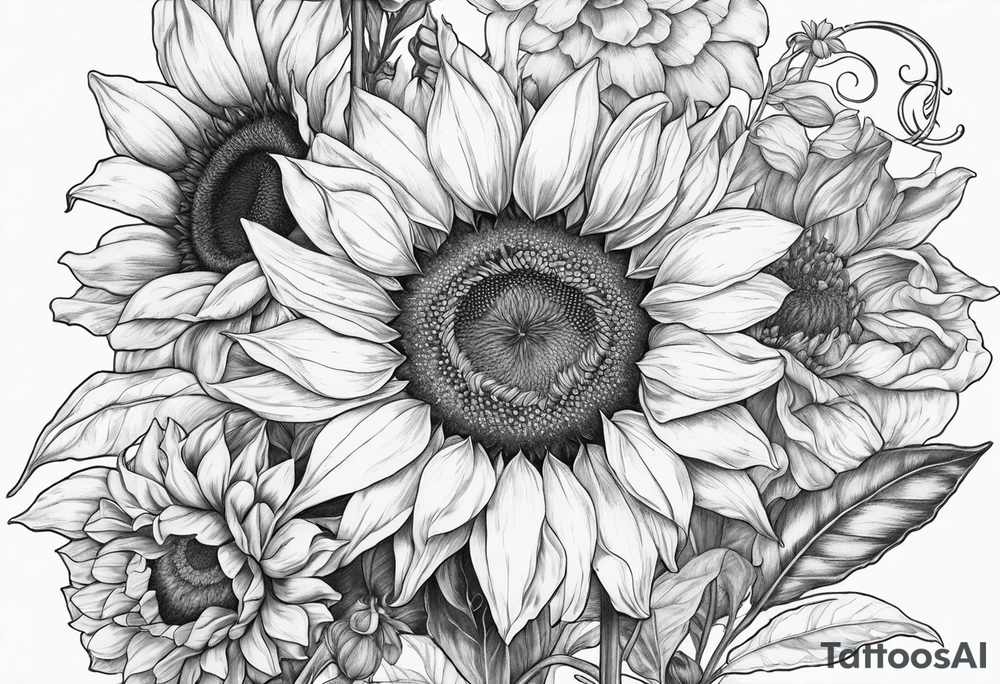Sunflower, Lillie’s, roses, daisies, poppy’s tattoo idea