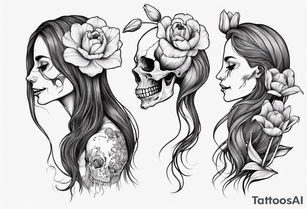 sideview of smiling female skull with long hair, one decayed tulip, one perfect tulip and one tulip bud tattoo idea