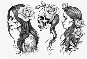 sideview of smiling female skull with long hair, one decayed tulip, one perfect tulip and one tulip bud tattoo idea