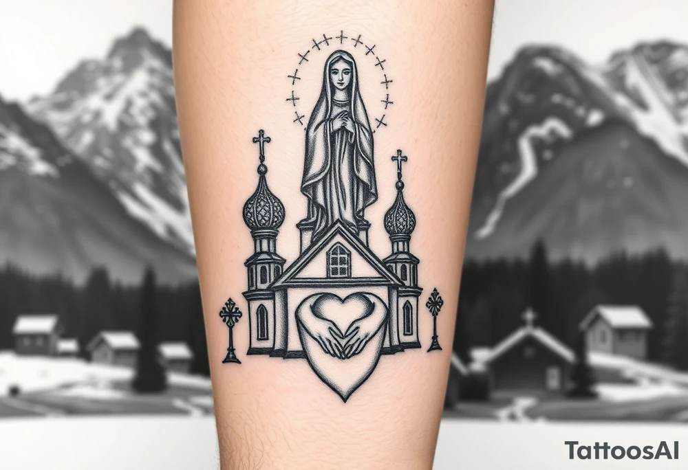 Russian Orthodox church with orthodox spire crosses in a mountainous village setting, with a holy glow around the church, and a virgin mary sat seperately above looking over hands on heart sat above tattoo idea