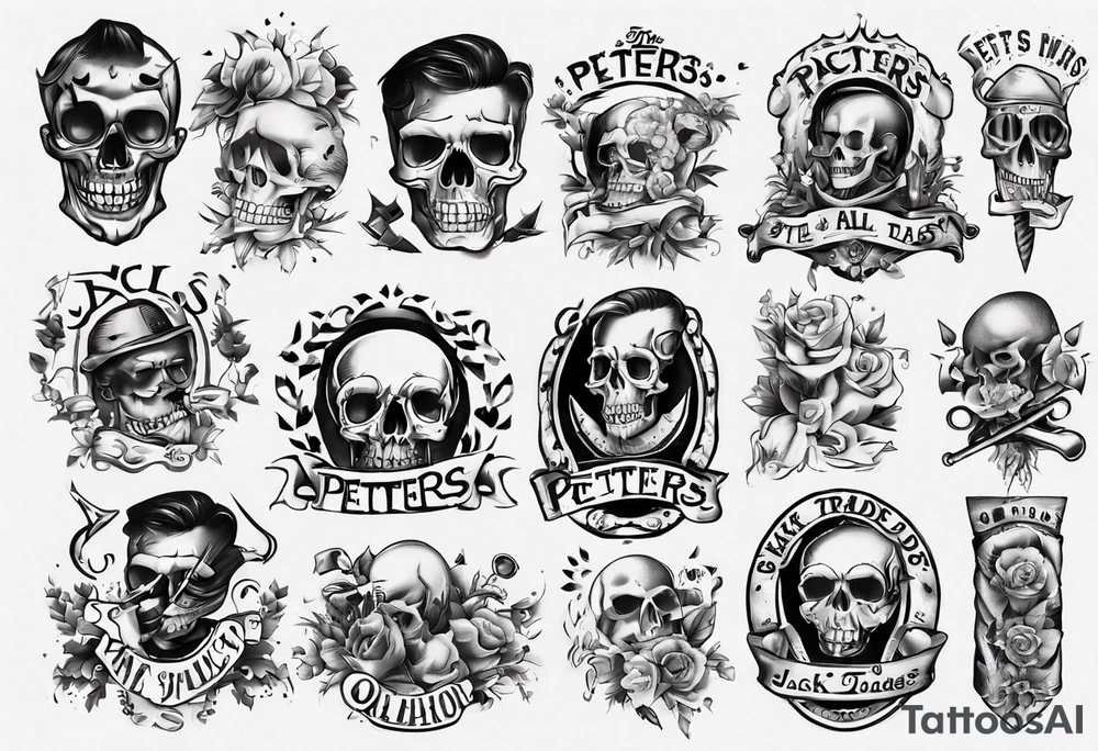 men’s arm sleeve, the name Peters, jack of all trades, no skull tattoo idea