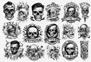 men’s arm sleeve, the name Peters, jack of all trades, no skull tattoo idea