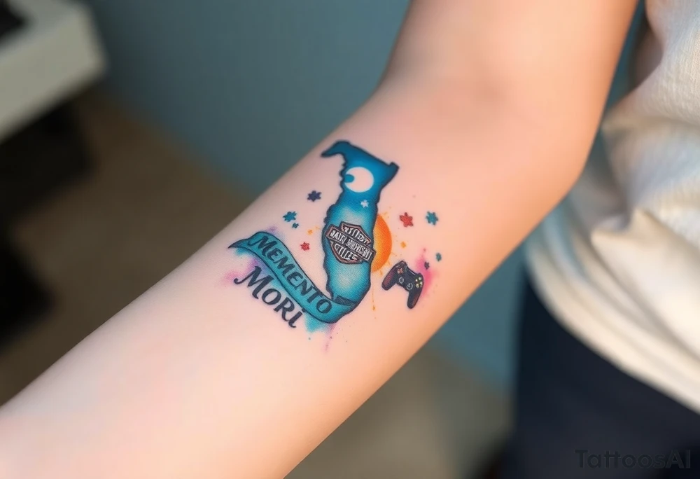 colorful futuristic memory tattoo for passed boyfriend; Florida, gulf coast water, Harley Davidson, skateboarding, puzzle pieces, video games, heaven, god, outdoors, guns, disc golf, words "MEMENTO MORI" tattoo idea