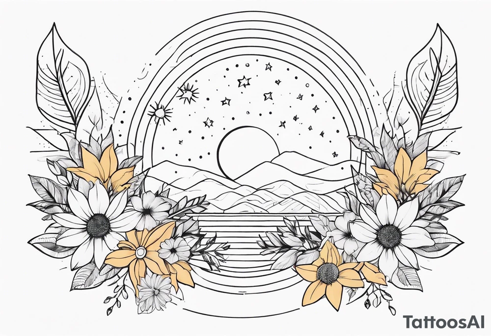 fine line with sun, stars, floral, dots. Sternum tattoo tattoo idea