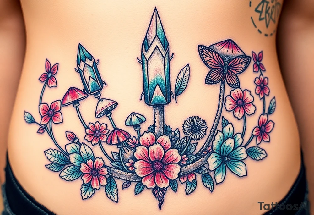 psychedelic  tattoo with crystals and  flowers and mushrooms bugs tattoo idea