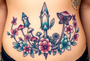 psychedelic  tattoo with crystals and  flowers and mushrooms bugs tattoo idea