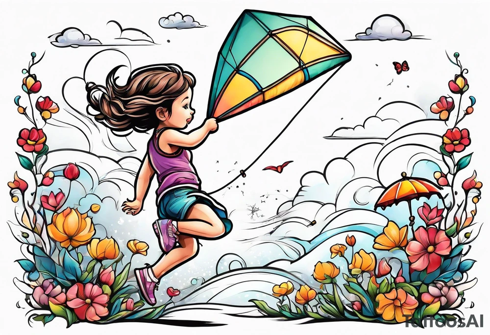 a little girl running away holding a kite tattoo idea