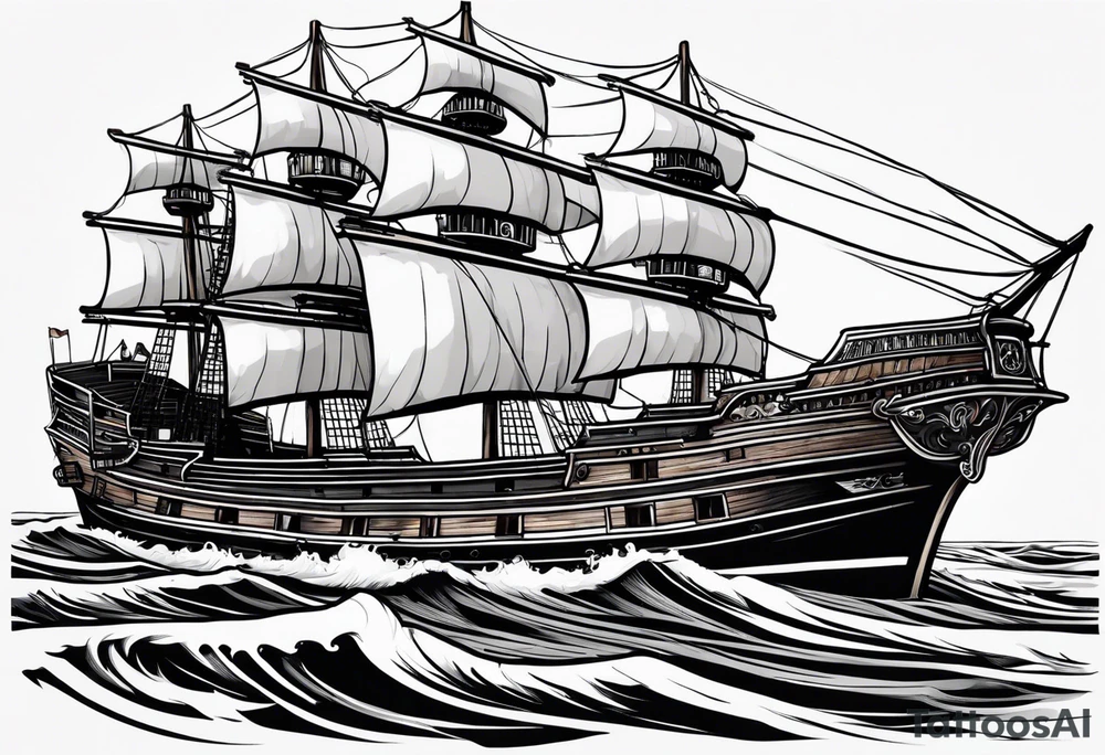 4 story wooden ship where one plank coloured. Rest of the image is black and white tattoo idea