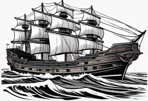 4 story wooden ship where one plank coloured. Rest of the image is black and white tattoo idea