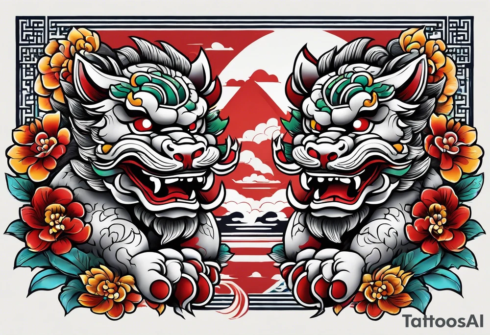 Pair of neo traditional Okinawa shisa, one has mouth closed, the other one, has mouth open. tattoo idea