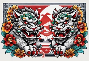 Pair of neo traditional Okinawa shisa, one has mouth closed, the other one, has mouth open. tattoo idea
