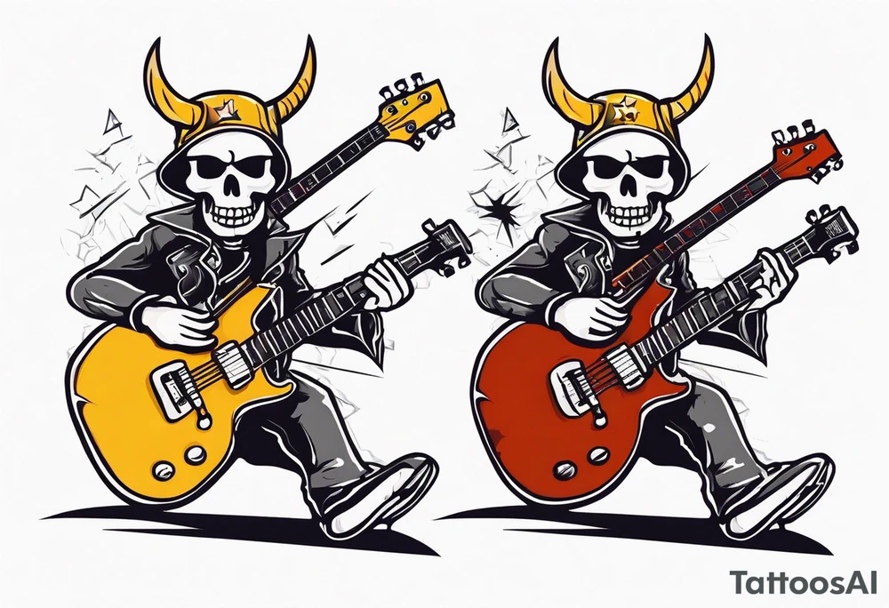 A rockstar skeleton performing with an electric guitar and doing metal horns. tattoo idea