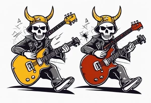 A rockstar skeleton performing with an electric guitar and doing metal horns. tattoo idea