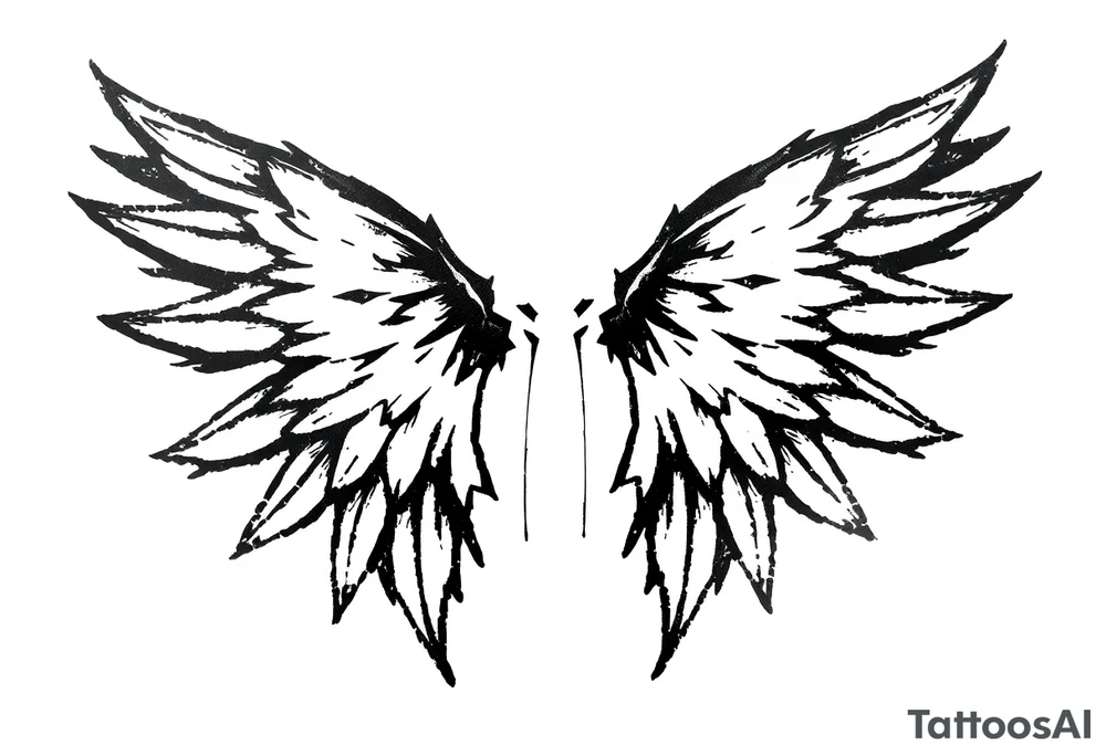 This tattoo design features a pair of stylized wings drawn in black ink with a sketch-like, abstract aesthetic. The wings are composed of sharp, angular feathers with jagged edges, giving them a rough, almost tribal or gothic appearance. The shading is done with a mix of soft gradients and stippling, adding depth and texture to the design. The center where the wings meet is fragmented, with thin lines extending downward, creating a sense of movement and raw energy. This design would make for a bold and edgy tattoo, symbolizing freedom, strength, or a rebellious spirit. tattoo idea