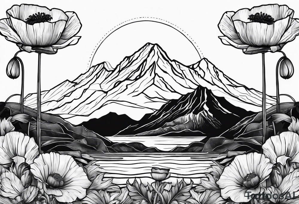 one poppy flower with an anchor and two mountains behind it tattoo idea one poppy flower with an anchor and two mountains behind it tattoo idea