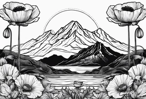 one poppy flower with an anchor and two mountains behind it tattoo idea