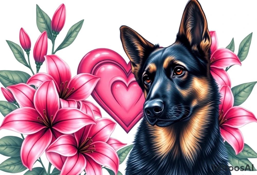 realistic german shepherd with alert ears looking protective surrounded by pink lilies with large leaves in front of a sacred heart tattoo idea