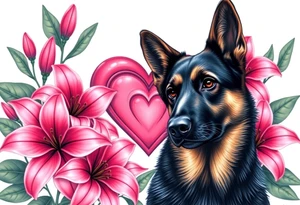realistic german shepherd with alert ears looking protective surrounded by pink lilies with large leaves in front of a sacred heart tattoo idea