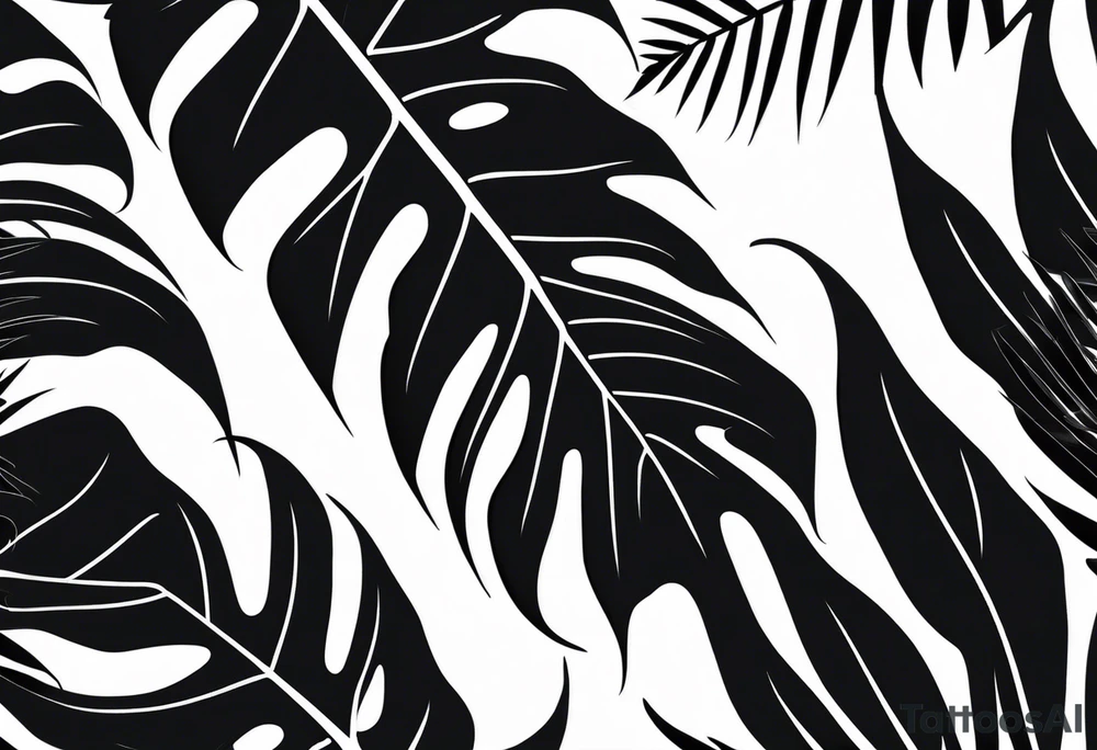 Abstract but realistic monstera leaf tattoo to go on the right leg on the outside of the leg next to the shin with a stem going down behind the ankle. Make it not so dark with lighter shading tattoo idea