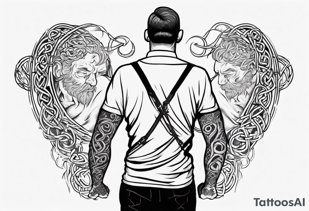 a father with his son on his shoulders from behind. A subtle design on their backs of celtic music. tattoo idea