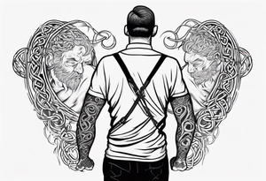 a father with his son on his shoulders from behind. A subtle design on their backs of celtic music. tattoo idea