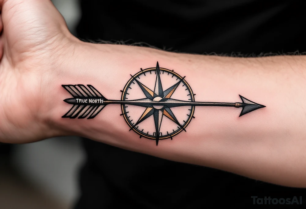 Rustic half compass with a long native American arrow pointing at my wrist with the words “True North” tattoo idea