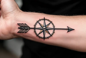 Rustic half compass with a long native American arrow pointing at my wrist with the words “True North” tattoo idea