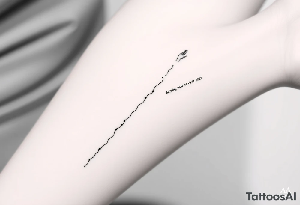 Minimalist black-ink forearm tattoo honoring a father and the continuation of his legacy. Central design: a single, rising abstract line or path starting faint and fragmented at the bottom (symbolizing the father’s unfinished work) and growing solid and strong as it rises (representing the son carrying the legacy forward). Along the path, include fine particle-like lines or dots flowing upward, symbolizing the father’s presence and guidance cheering the son on. Subtly integrate an abstract outline of the father’s figure or hand at the top, ethereal and minimal, watching proudly over the path. Include the Roman numerals or small elegant text: “VI·IV·MMXXIII” to mark April 6, 2023, and optionally the phrase “Building what he couldn’t” integrated along the line. Style: clean, minimalistic, fine-line black ink only, simple but meaningful, vertical forearm layout, emphasizing legacy, guidance, and emotional depth. tattoo idea