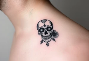 Masculine sugar skull with diamonds and daisy tattoo idea