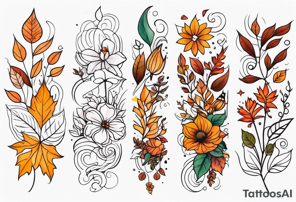 Full arm sleeve with fall colors, flowers, water, leaves and various shapes tattoo idea