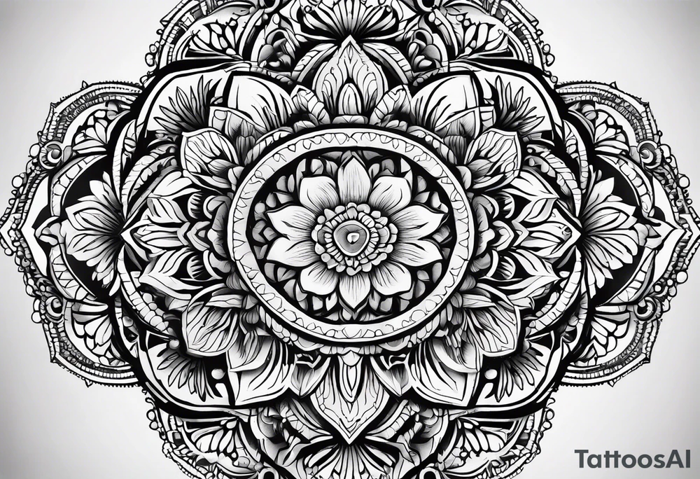 Mirrored style. Mexican flower mandala design minimalist fine line whimsical tattoo idea