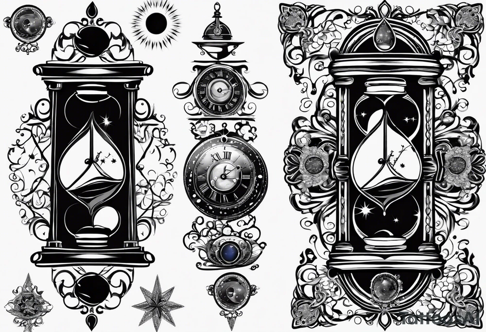 Mix an hourglass with a nautical clock with the addition of planets, galaxies and flower spikes to give a design to print on a t-shirt, the design should be in one color in the form of a tattoo and all the shapes should be mixed to give one shape tattoo for all arms. tattoo idea