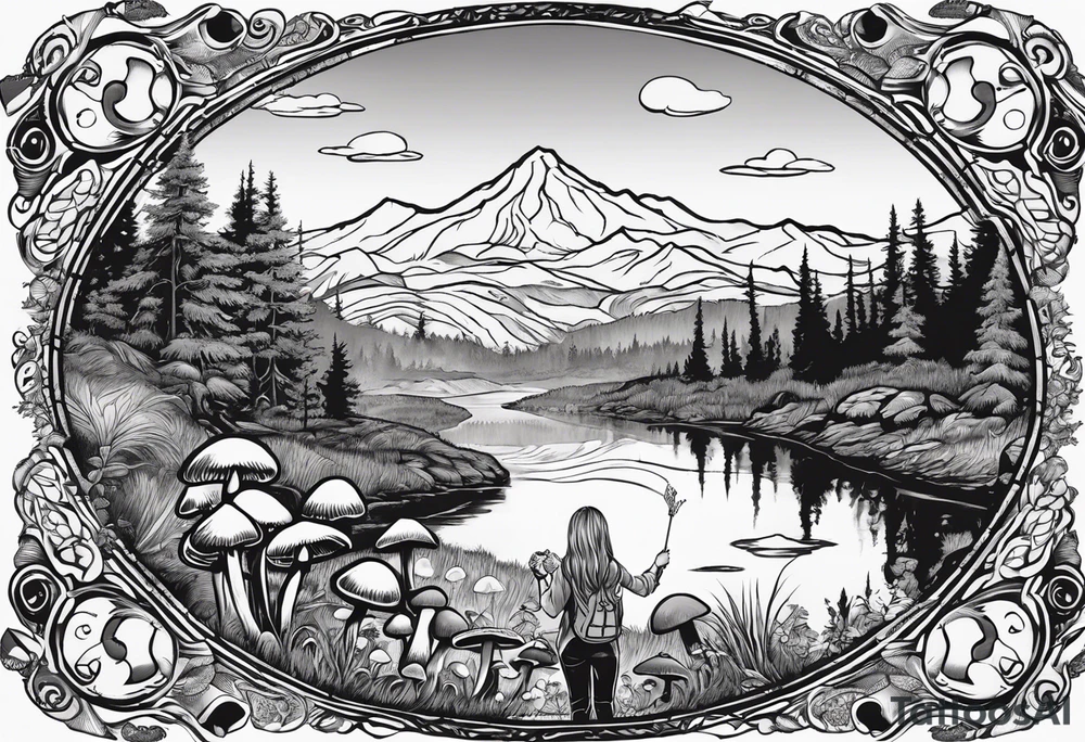 Whole picture encircled fully

Straight long blonde hair hippie girl in distance holding mushrooms in hand facing away toward mountains and creek surrounded by mushrooms long sleeve shirt and hiking pants; whole rendering within a full circle, no cut off circle tattoo idea