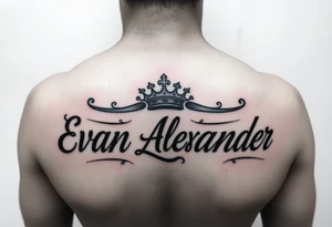 Name tattoo that says Evan Alexander with a crown on forearm tattoo idea