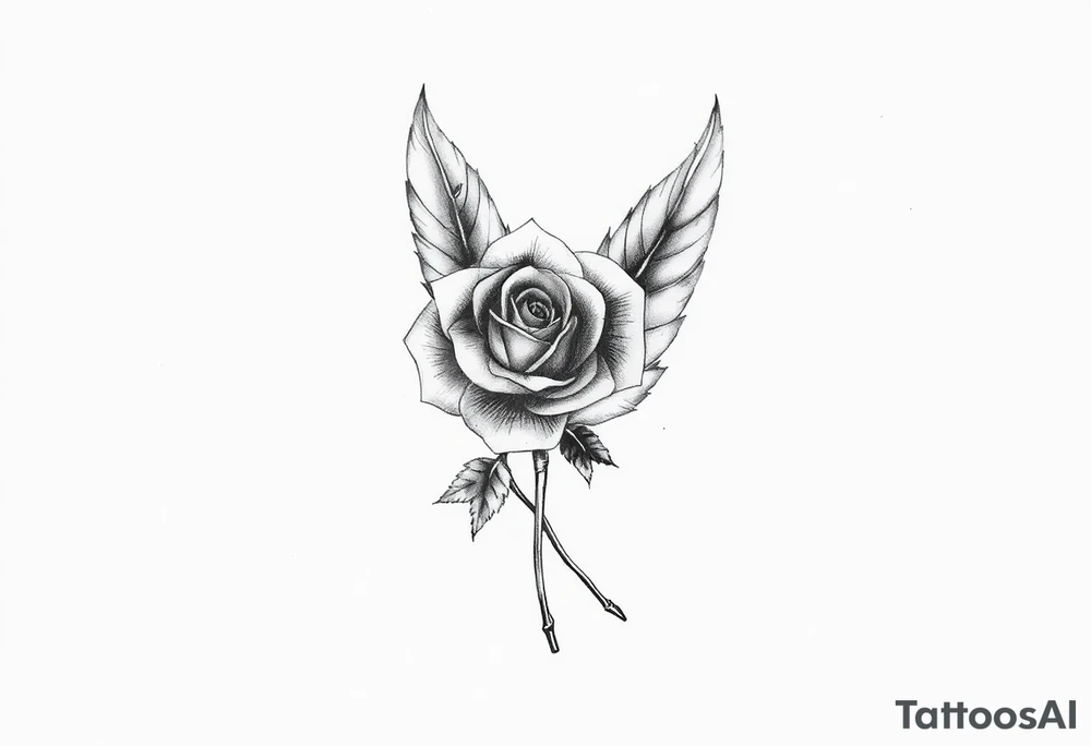 TWO FEATHERS TOGETHER WITH A ROSE WITH "SERGE" WRITTEN INSIDE tattoo idea