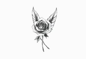 TWO FEATHERS TOGETHER WITH A ROSE WITH "SERGE" WRITTEN INSIDE tattoo idea