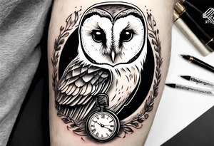 Barn owl holding a pocket watch with the time set at 1:43 tattoo idea