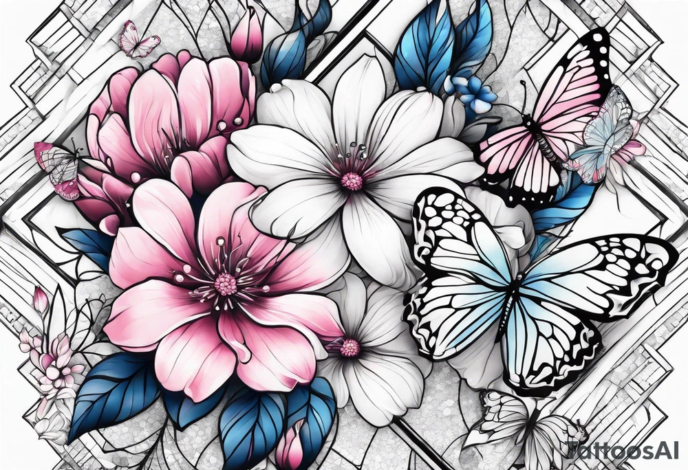 Female arm sleeve with pink, white, and blue flowers and butterflies tattoo idea
