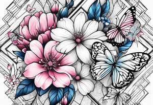 Female arm sleeve with pink, white, and blue flowers and butterflies tattoo idea
