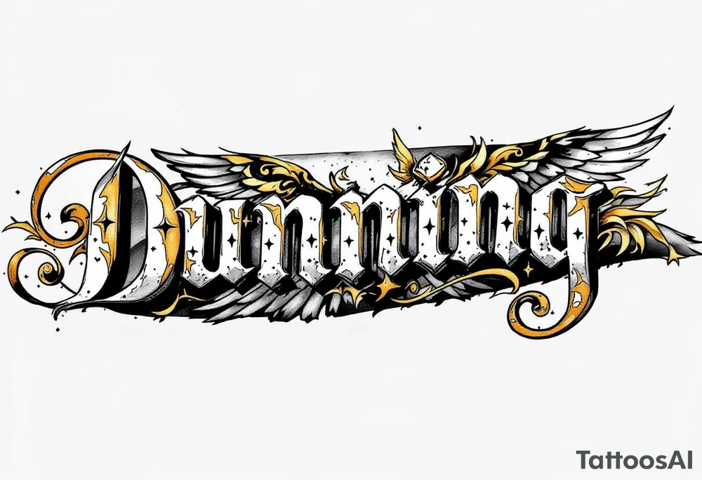 Dunning, details include bold strong font, gold highlights, theme of wealth and angel wings, taino native tattoo idea