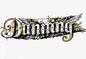 Dunning, details include bold strong font, gold highlights, theme of wealth and angel wings, taino native tattoo idea