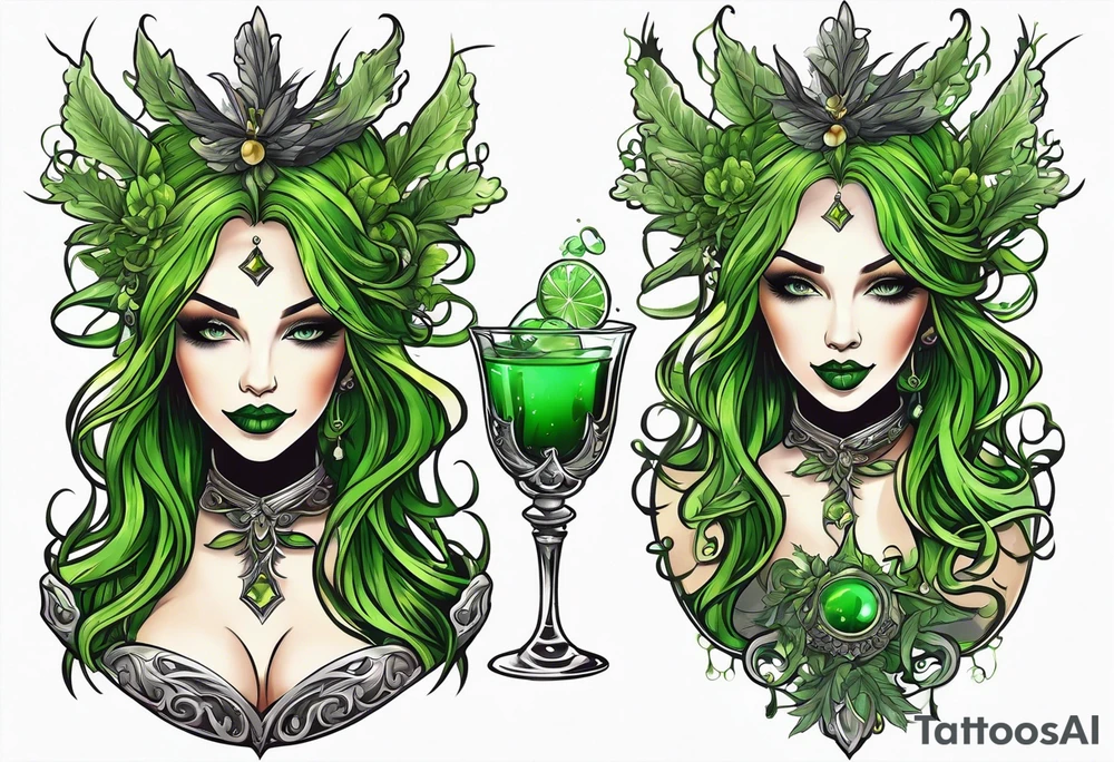 evil green fairy holding a glass of absinthe, wormwood and star anise trim tattoo idea