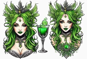 evil green fairy holding a glass of absinthe, wormwood and star anise trim tattoo idea