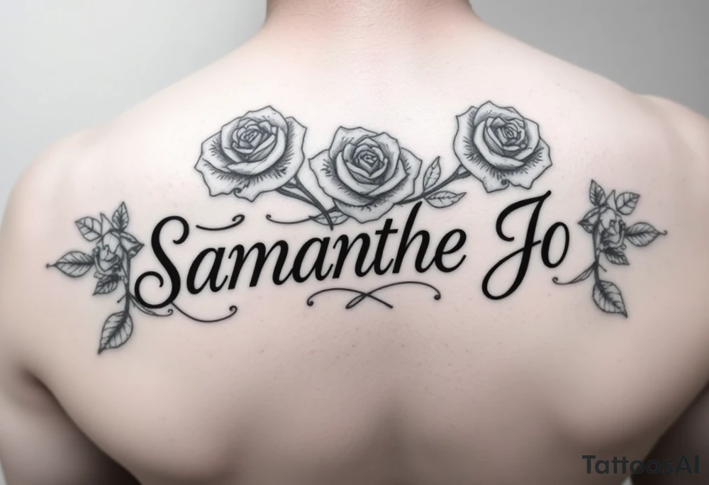 Name Samantha Jo with roses behind tattoo idea