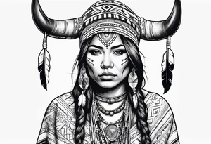 Native American woman  full body with buffalo blanket tattoo idea